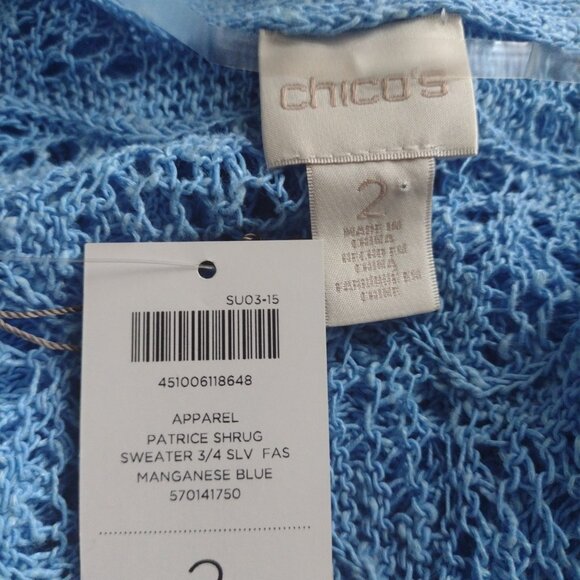 Chico’s Blue Linen Blend Crochet Open Knit Shrug Patrice Cardigan 2 M NWT - Picture 3 of 8